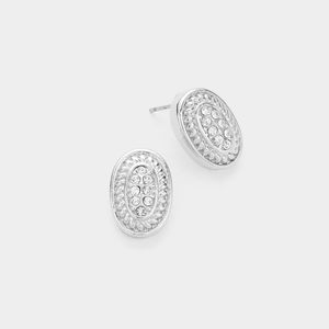 Silver Oval Paved Stone Stud Earrings 0.6" Post Simple Jewelry